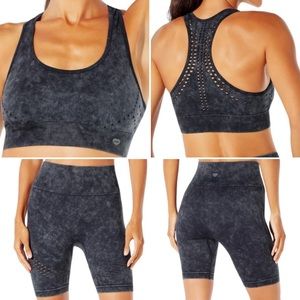 WILDFOX SWEAT-Black Stonewash Look-Laser Detail Sports Bra & Bike Short SET-Sz M